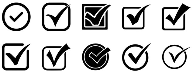 Check Mark Icons Set – Tick Symbols in Circle and Square Boxes Collection