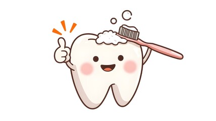 Smiling cartoon tooth holding toothbrush and giving thumbs up