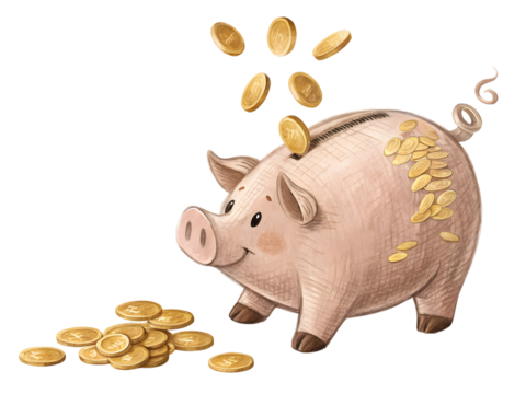 Joyful piggy bank happily collecting falling gold coins, symbolizing growing wealth and financial prosperity.Isolated on white background.
