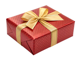 Obraz premium Elegant red gift box with luxurious gold ribbon, perfect for celebrations and special occasions, adding a touch of festive joy.Isolated on white background.
