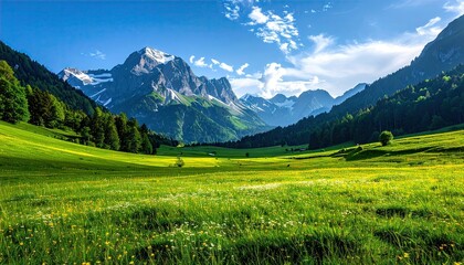 Lush Green Meadow with Yellow Flowers and Mountain Vista Under a Cloudy Blue Sky