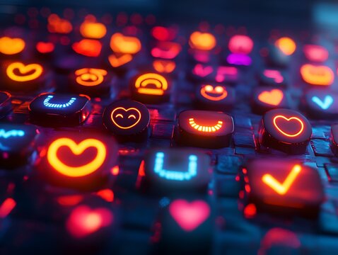 Futuristic keyboard displaying glowing neon emojis in a grid pattern