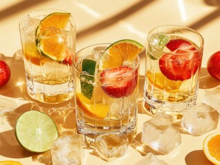 Unstrained cocktails in clear glasses, vibrant fruits and ice pieces creating a textured visual