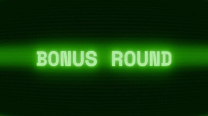 Old green CRT screen showing text BONUS ROUND appearing in random glitch and coding style
