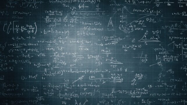 Mathematical Equations Written on a Chalkboard Background with Complex Formulas and Graphs for Academic Purposes