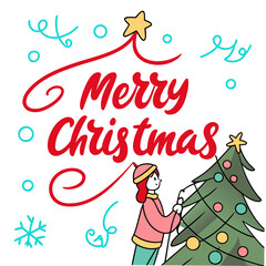 Merry Christmas Script with Christmas Tree of vector illustration