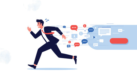 A businessman running fast with many communication icons streaming behind him.