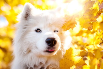 A funny white dog winks with one eye on an autumn sunny walk. Dog walking concept.