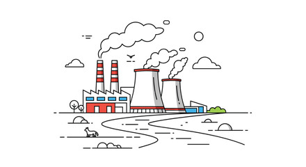 Fototapeta premium Industrial power plant with cooling towers emitting steam into the atmosphere.