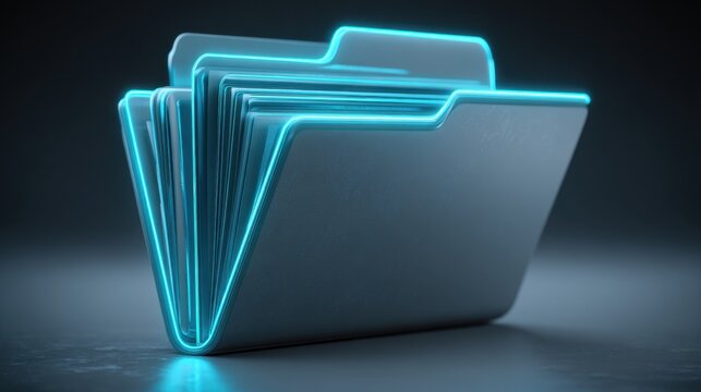 Futuristic glowing office folder with neon accents on dark background for digital and corporate themes