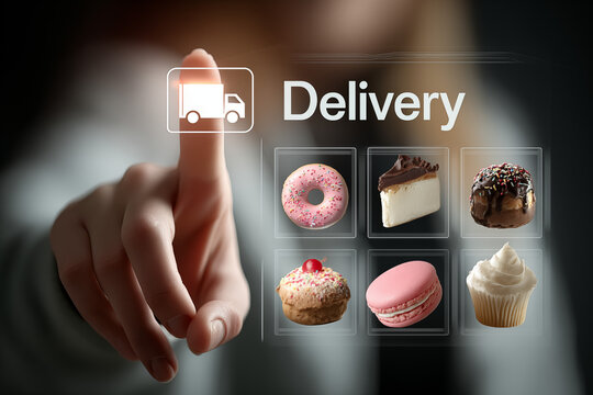 Modern digital interface for food delivery with food delivery car icon , finger touching virtual menu icons of bakery items such as cake, donut, cupcake, and macarons, bakery and sweet shop apps.