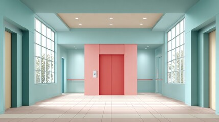 Obraz premium Modern elevator lobby with pastel colors and large windows creating a bright and inviting atmosphere for urban interiors