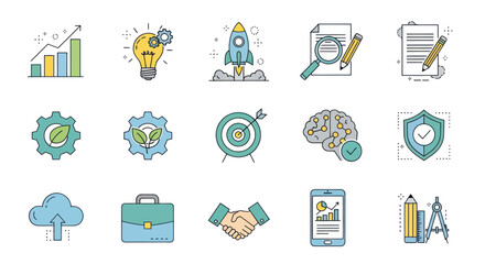 Diverse Flat Design Icon Set for Business, Technology, and Environment: Growth, Innovation, Cloud, and Professional Tools, Flat Vector Elements, Vector Illustration, Simple Vector, Stylized Vector