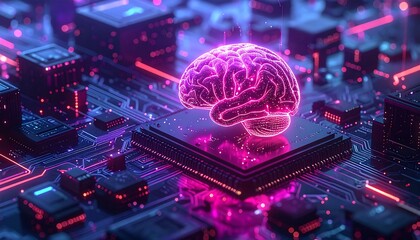 a glowing pink brain on a circuit board, emphasizing AI, advanced neural networks, and the vibrant, high-tech beauty of digital thought