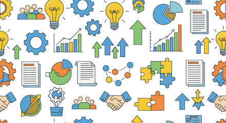 Seamless Pattern of Colorful Business, Innovation, and Growth Icons for Strategy and Development Concepts, Flat Vector Elements, Vector Illustration, Simple Vector, Stylized Vector Drawing, Vector