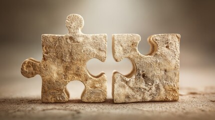 Two Rustic Puzzle Pieces Ready to Connect in a Concept of Teamwork and Problem Solving