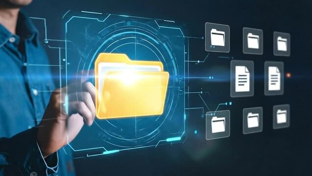 a hand interacting with a holographic folder, focusing on the concepts of data management, intuitive access, and a seamless connection between users and digital systems