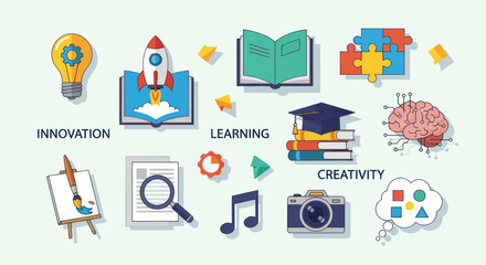 Innovation Concept with Lightbulb, Rocket, Easel, Paintbrush, and Magnifying Glass Icons, Flat Vector Elements, Vector Illustration, Simple Vector, Stylized Vector Drawing, Vector Template, Clean