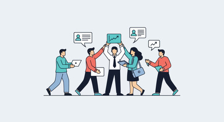Two Men Walking and Communicating with Digital Devices and Documents, Illustrating Business Collaboration and Information Exchange in a Modern Flat Design Style, Flat Vector Elements, Vector