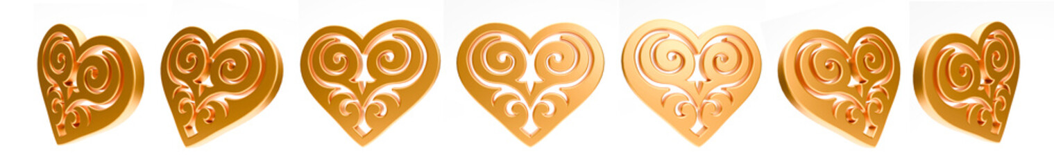 Set of 3d hearts rotation. Realistic illustration of shiny golden hearts with kazakh ornament isolated on white background. Symbol of love, romantic and Wedding. Object spin animation