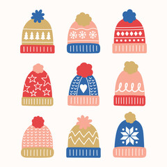 Set with cute hand drawn winter hats. Christmas elements. Vector illustration