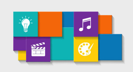 Colorful Graphic Illustration Symbolizing Creative Ideas and Film Production with Light Bulb and Clapperboard Icons, Flat Vector Elements, Vector Illustration, Simple Vector, Stylized Vector Drawing,