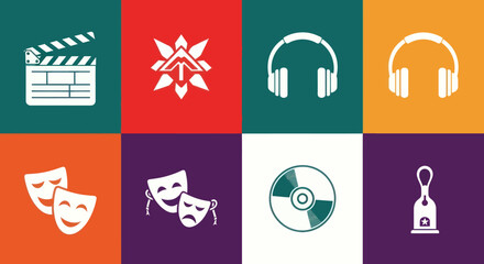Entertainment and Performance Arts Icons Set: Film Clapperboard, Abstract Star, Comedy and Tragedy Theatre Masks on Colorful Quadrants., Flat Vector Elements, Vector Illustration, Simple Vector,