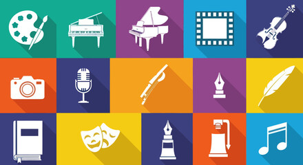 Flat design icons representing various arts and creative hobbies like painting, music, photography, literature, and theater on a colorful grid background, Flat Vector Elements, Vector Illustration,