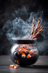 Festive Halloween punch served in a glass cauldron with floating candy eyes and striped straws, creating a spooky and fun atmosphere for Halloween celebrations