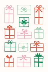 Cute hand drawn present with bow. Christmas element set. Vector illustration