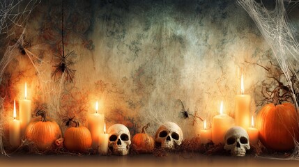 Halloween background featuring glowing candles, skulls, and pumpkins, creating an eerie atmosphere with intricate spider webs and a textured backdrop for seasonal decor