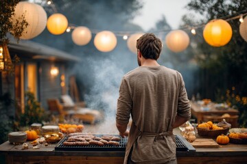 Man seen from the back grilling sausages outdoors at a Halloween-themed gathering, surrounded by pumpkins and illuminated lanterns, creating a festive atmosphere
