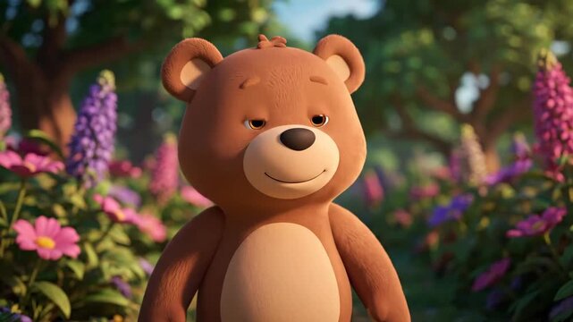 Animated teddy bear sits peacefully in a beautiful and vibrant garden setting, surrounded by colorful flowers and lush green foliage, creating a whimsical and serene atmosphere in the daytime.