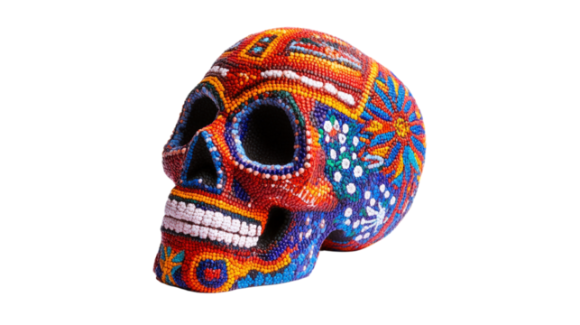 Colorful beaded skull handicraft isolated on a transparent background
