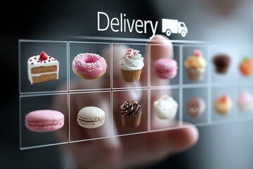 Modern digital interface for food delivery with food delivery car icon , finger touching virtual menu icons of bakery items such as cake, donut, cupcake, and macarons, bakery and sweet shop apps.