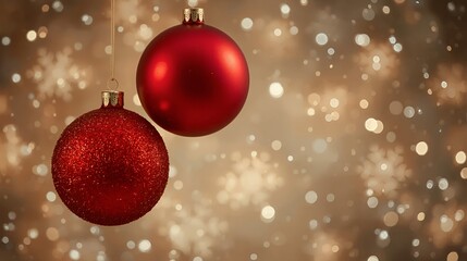 Festive Christmas background with red baubles and snowflakes.