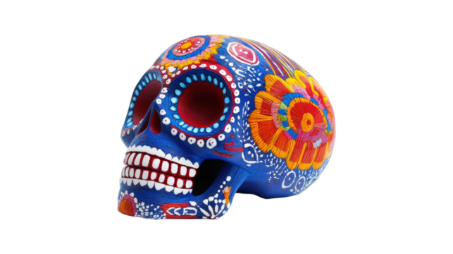 Colorful skull with floral patterns isolated on a transparent background