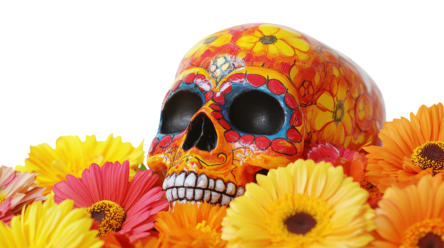 Colorful skull with flowers isolated on a transparent background