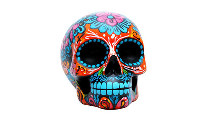 Colorful sugar skull with floral patterns isolated on a transparent background