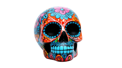 Colorful sugar skull with floral patterns isolated on a transparent background