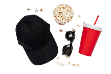 Movie night essentials popcorn soda hat sunglasses