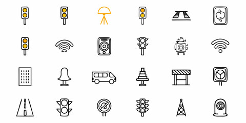 Naklejka premium Urban elements in playful doodle style create a whimsical city vibe, perfect for maps, infographics, or creative projects requiring a touch of urban flair