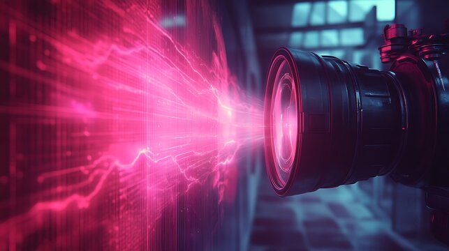 Cybernetic lens emitting pulsating energy, signifying advanced technology