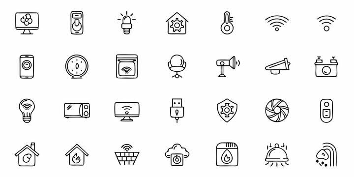 Discover a collection of smart home device icons perfect for illustrating home automation, IoT, and modern living in tech savvy designs for connected homes