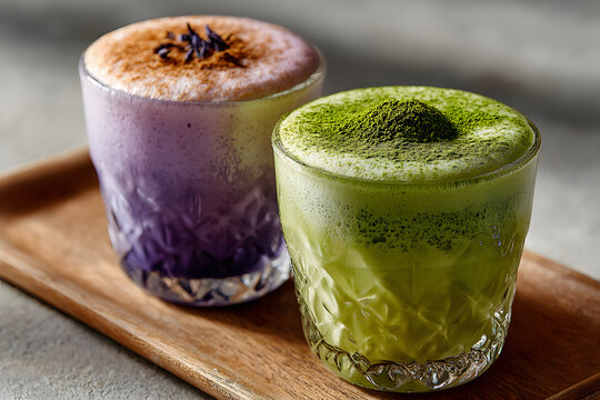 ube latte and matcha latte green tea fresh drink mil