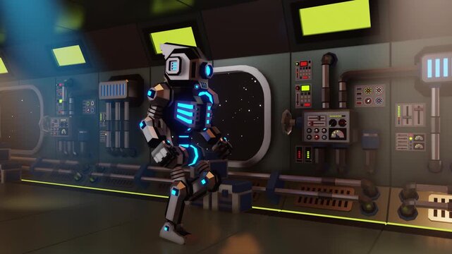Robot walking through a space station corridor. Sci-fi robot. 3d looped cartoon animation