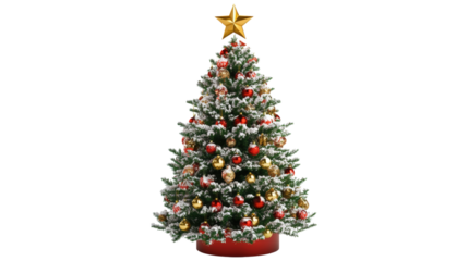 Decorated Christmas tree with golden star isolated on a transparent background 3
