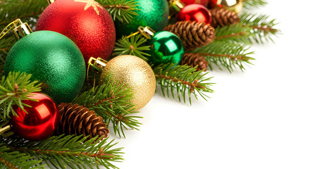 Festive Christmas ornaments arranged with fir branches and pine cones, with vibrant red, green, and golden baubles, representing a joyful holiday season
