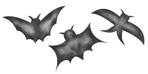 Watercolor illustration. Set of black bats. Hand painted flying bats with spread wings. Isolated animal clip art elements for holiday postcards, posters. Halloween