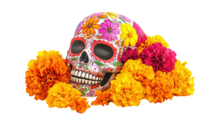 Decorated skull with marigold flowers isolated on a transparent background